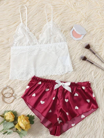 Shein - Pure Desire Floral Lace Bralette With Heart Print Shorts