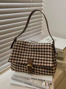 Shein - Houndstooth Pattern Flap Shoulder Bag