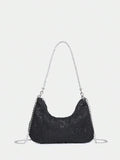Shein - Glamorous Glitter Bling, Sequin, Luxury, Shiny Black Hobo Bag Rhinestone Decor Chain For Party Evening Bag