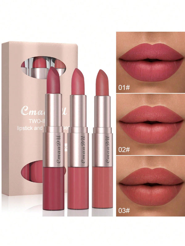 Shein - Long-Lasting Lip Gloss, 3Pcs Double-Ended Matte Waterproof Lipstick Lip Makeup Set