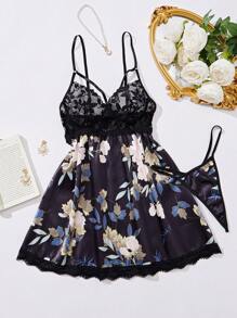 Shein - Floral Print Contrast Lace Satin Babydoll Slips With Thong