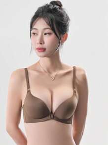 Shein - Women's Brown Front Closure Beauty Back Sexy Style Seamless Wire-Free Push-Up Breathable Sculpting Soft Support Bra In Standard Size