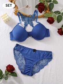 Shein - Butterfly Embroidery Push Up Bra & Semi-Sheer Panties Lingerie Set