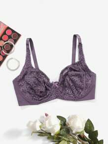 Shein - 1Pc Purple Women Ultra-Thin Embroidery Full Cup Lace Bras