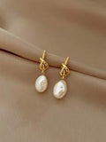 Shein - 1 Pair Knotted Faux Pearl Dangle Earrings,Vintage And Elegant Knot Shaped Ear Studs