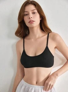 Shein - Leisure Extremely Stretchy Seamless & Skin-Friendly No Padding Comfortable Solid Rib Bra Black