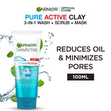 Garnier- Skin Active 3-in-1 Clay Face Wash Mask Scrub, 100ml