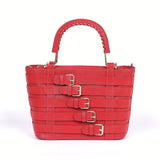 Shein Dual color Belt style  handbag with large capacity and double handle-Red