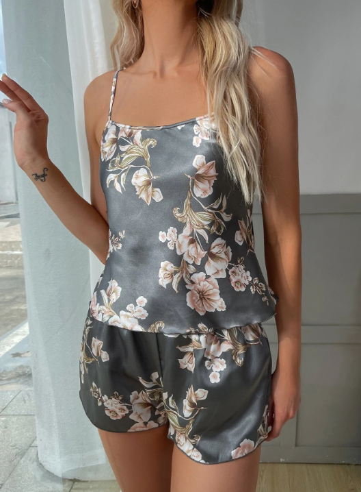 Shein - Floral Print Satin PJ Set