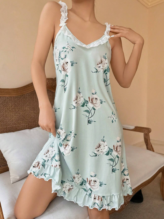 Shein - Floral Print Lace Trim Ruffle Hem Cami Nightdress