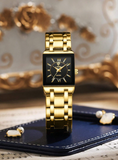 Shein - 1pc Men Women Gold Stainless Steel Strap Fashionable Square Dial Quartz Watch, For Daily Life