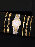 Shein - 1pc Women Zinc Alloy Strap Glamorous Rhinestone Decor Round Dial Quartz Watch & 5pcs Bracelet, For Daily Decoration