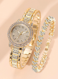 Shein - 1pc Women Gold Stainless Steel Strap Glamorous Rhinestone Decor Round Dial Quartz Watch & 1pc Bracelet, For Daily Life