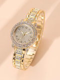 Shein - 1pc Women Gold Stainless Steel Strap Glamorous Rhinestone Decor Round Dial Quartz Watch & 1pc Bracelet, For Daily Life