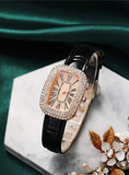 Shein - 1pc Black Crocodile Embossed PU Polyurethane Strap Glamorous Rhinestone Decor Rectangle Dial Quartz Watch & 4pcs Jewelry Set