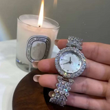 Shein - Women Silver Stainless Steel Strap Glamorous Rhinestone Decor Round Dial Quartz Watch, For Daily Decoration