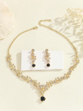 Shein - 1 Pair Cubic Zirconia Alloy Full Diamond Earrings And 1 Pc Necklace