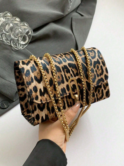 Shein - 1pc A Retro Fashion Leopard Print Mini Square Bag With Flap Opening, Metal Double Chain Shoulder Bag