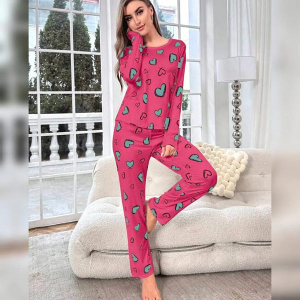 VYBE -  Shocking Pink With Green Herats Printed Pj Suit