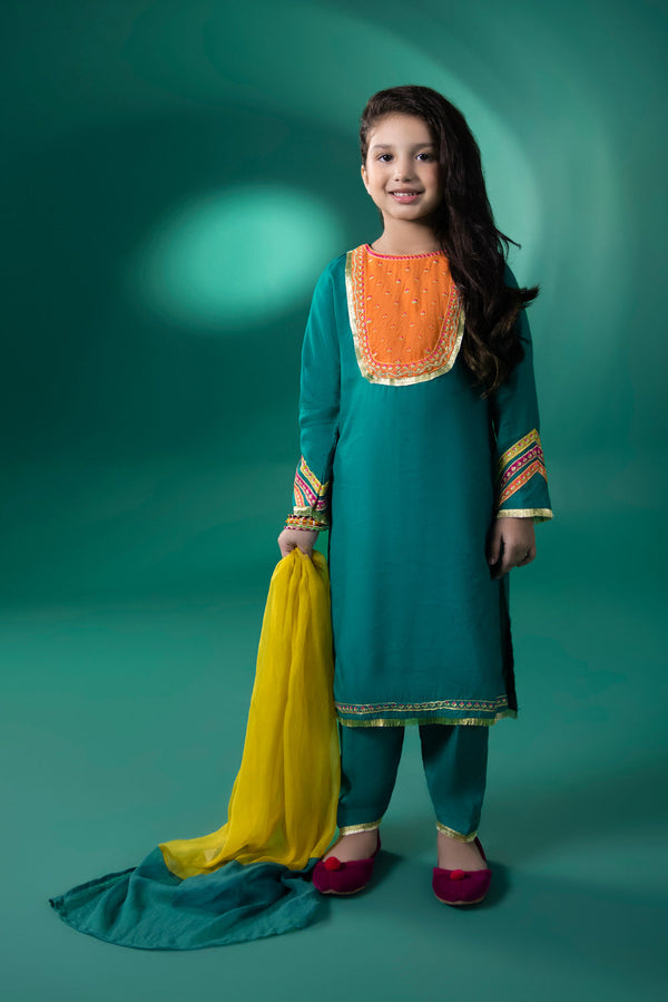 Kids Teal 3 piece - Embroidered Raw silk Suit 0002293PGSF3