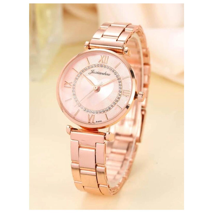 Shein- 1pc Rhinestone Decor Round Pointer Watch & 1pc Bracele- Rose Gold Case