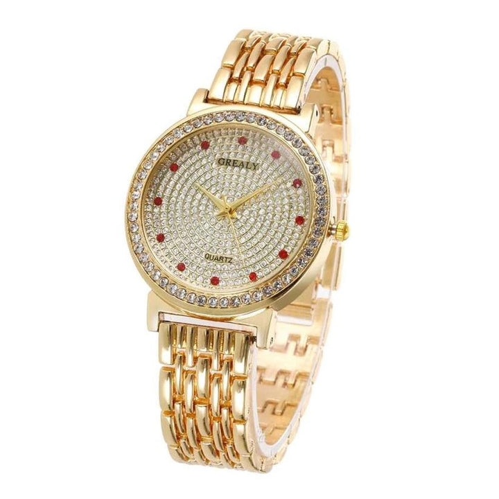 Shein- 1pc Rhinestone Decor Round Pointer Quartz Watch & 1pc Bracelet- Strap Gold