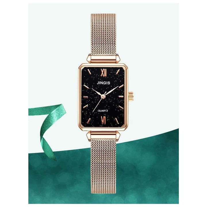 Shein- 1pc Starry Sky Dial Mesh Strap Rectangle Quartz Watch- Rose Gold