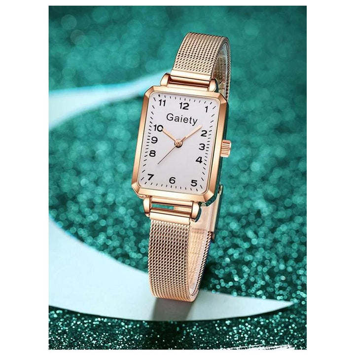 Shein- Mesh Strap Rectangle Pointer Quartz Watch- Rose Gold