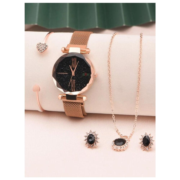 Shein- 1pc Round Pointer Quartz Watch & 4pcs Jewelry Set- Black