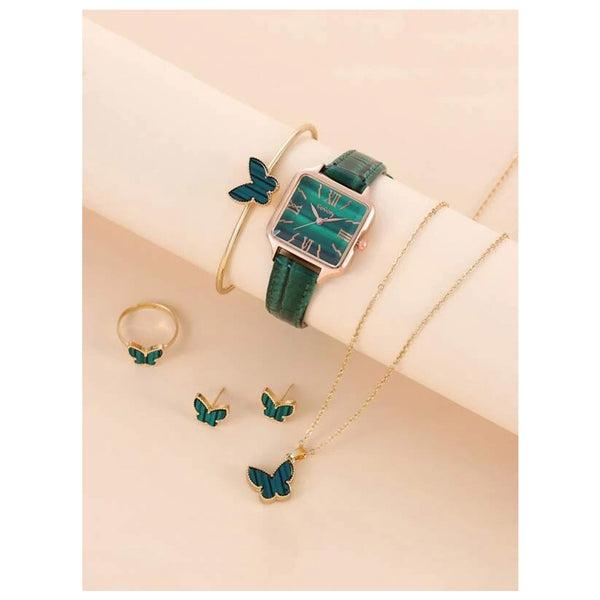 Shein- 1pc Square Quartz Watch & 5pcs Jewelry Set