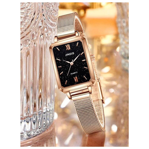 Shein- 1pc Starry Sky Dial Mesh Strap Rectangle Quartz Watch- Rose Gold