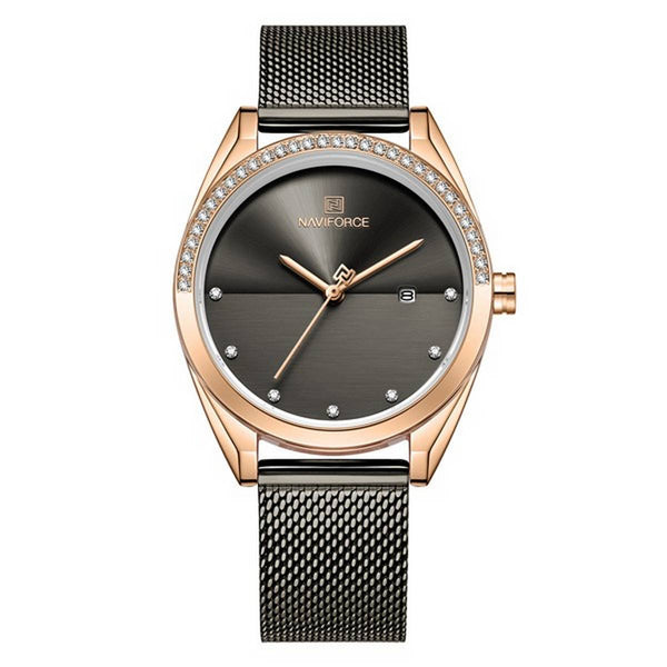 NAVIFORCE- NF5015 Black Mesh Stainless Steel Analog Watch For Women - RoseGold and Black