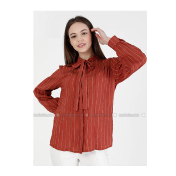 Fashion- Light Terra Cotta - Stripe - Point Collar - Blouses