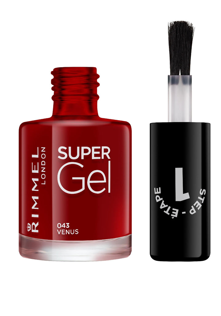 Rimmel- Super Gel - Venus,  a glossy dark red shade.