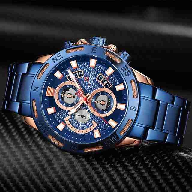 NAVIFORCE- NF9165 Royal Blue Stainless Steel Chronograph Watch For Men - RoseGold & Royal Blue