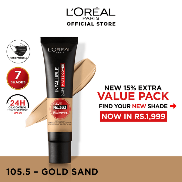 LOreal Paris- Infallible 24H Matte Cover Liquid Foundation - 105.5 Gold Sand