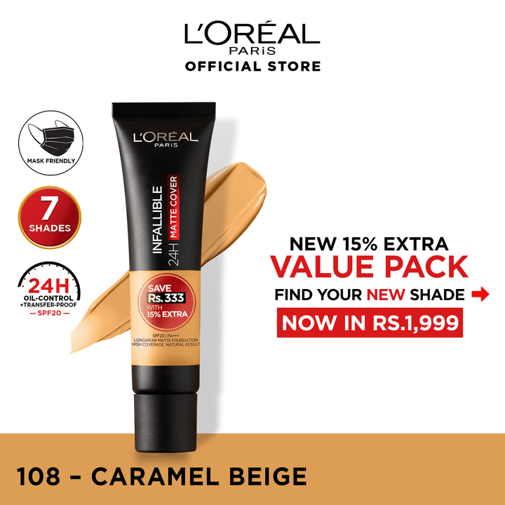 LOreal Paris- Infallible 24H Matte Cover Liquid Foundation - 108 Caramel Beige