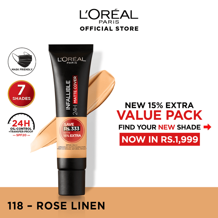 LOreal Paris- Infallible 24H Matte Cover Liquid Foundation - 118 Rose Linen