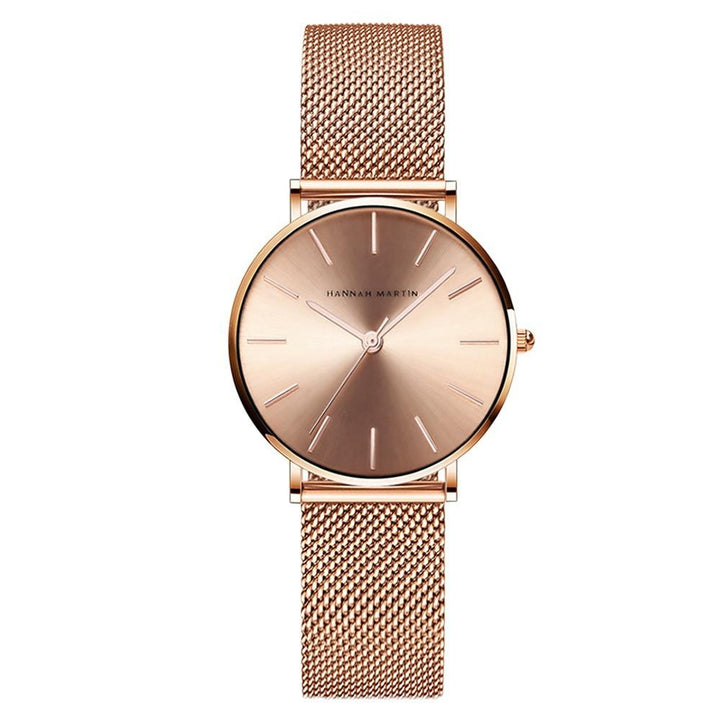 Hannah Martin- CC36 Women Wristwatch Mesh Rose Gold Waterproof Ladies Watch- Golden with Tea Pink Dial