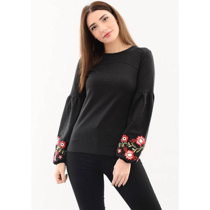 DressFine- Balloon Sleeve Embroidery Detailed Piece Sweatshirt Black P-0000002198