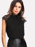 Shein- Lace Cap Sleeve Collared Blouse
