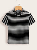 Shein- Mock-neck Form Fitted Striped Crop Tee
