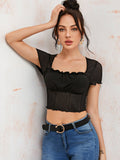 Shein- Lettuce Trim Ruched Bust Mesh Crop Top