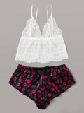 Shein- Contrast Lace Lip Print Satin Lingerie Set