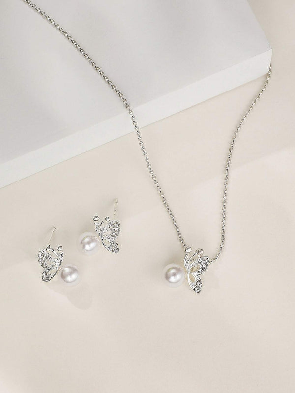 Shein- 1pc Rhinestone Decor Butterfly Necklace & 1pair Stud Earrings