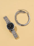 Shein- 1pc Rhinestone Decor Round Pointer Quartz Watch & 3pcs Bracelet