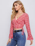 Shein - Bell Sleeve Wrap Knotted Ditsy Floral Top