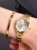 Shein- 1pc Simple Round Pointer Quartz Watch With 1pc Bracelet