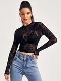 Shein- Mock-Neck Flocked Mesh Top Without Bra