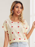 Shein- Rolled Sleeve Heart Embroidery Jacquard Top